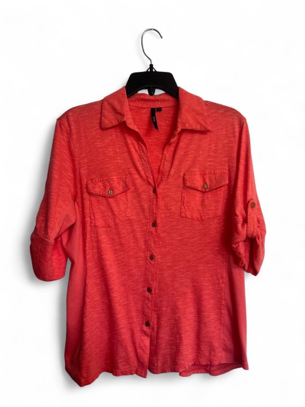 Women's Coral Button-Down Utility Shirt with Roll-Tab Sleeves